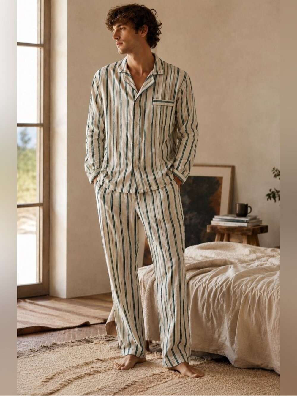Hunt Club Striped Flannel Pajama Set Men’s M Green Cream Lounge Sleepwear
